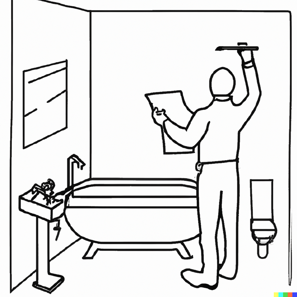 outline drawing of a bathroom designer planning bathroom layout