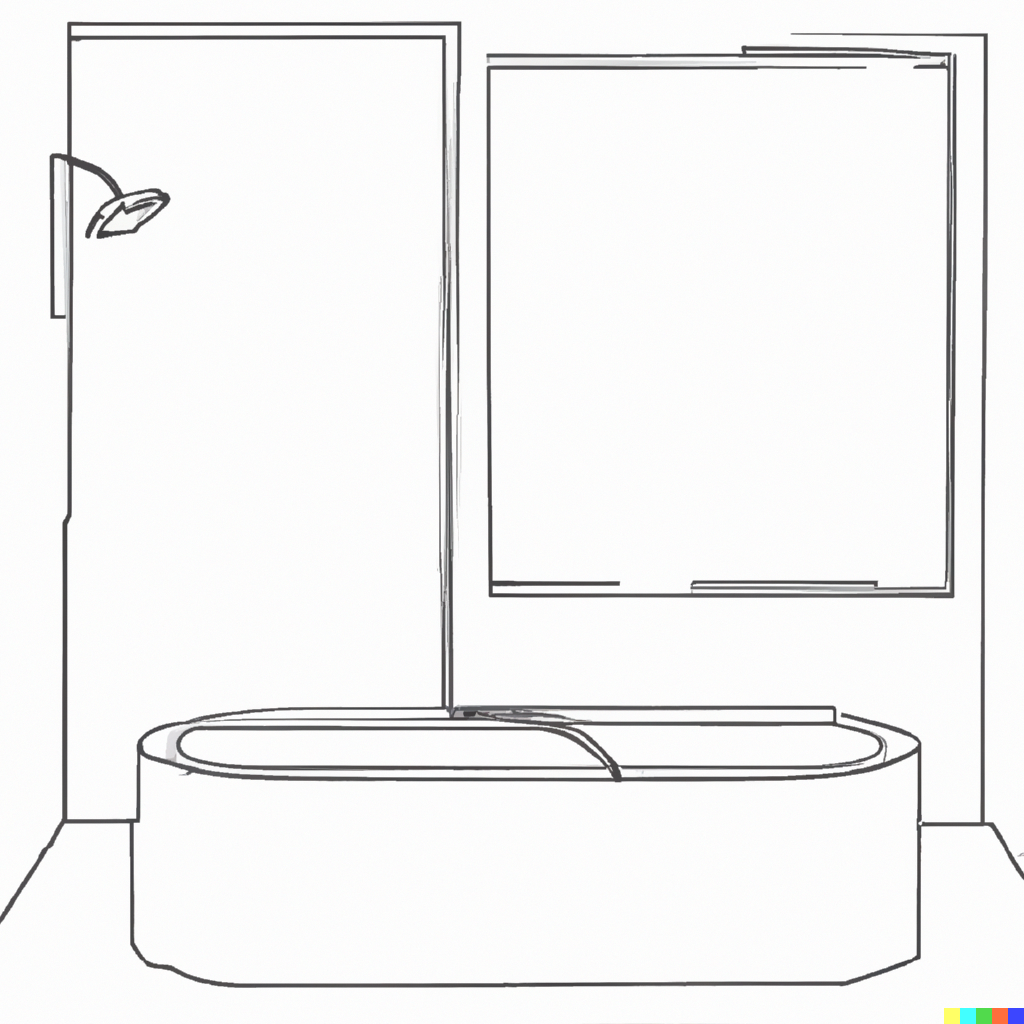 outline drawing of a bathroom with bathtub and shower