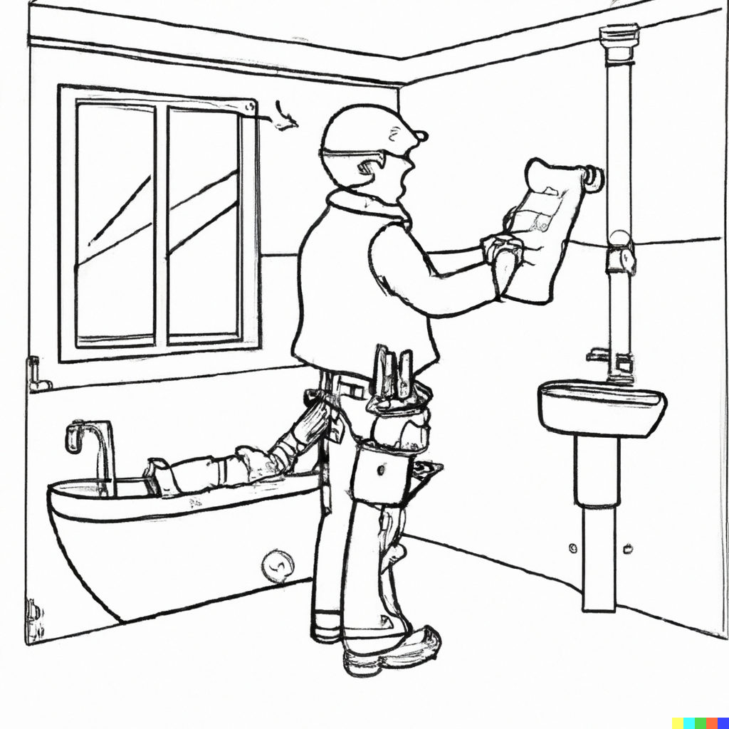 outline drawing of a builder renovating bathroom