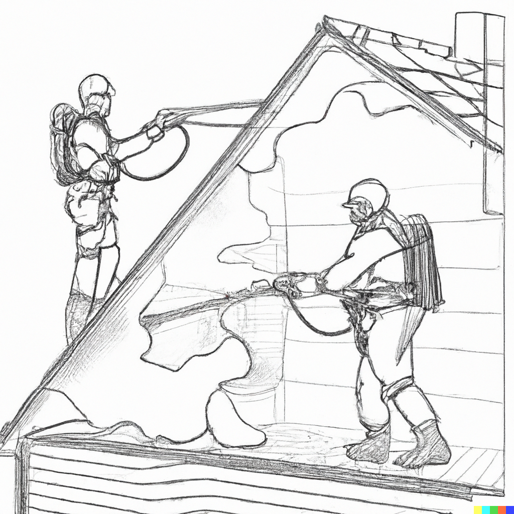 outline drawing of builders applying attic foam insulation