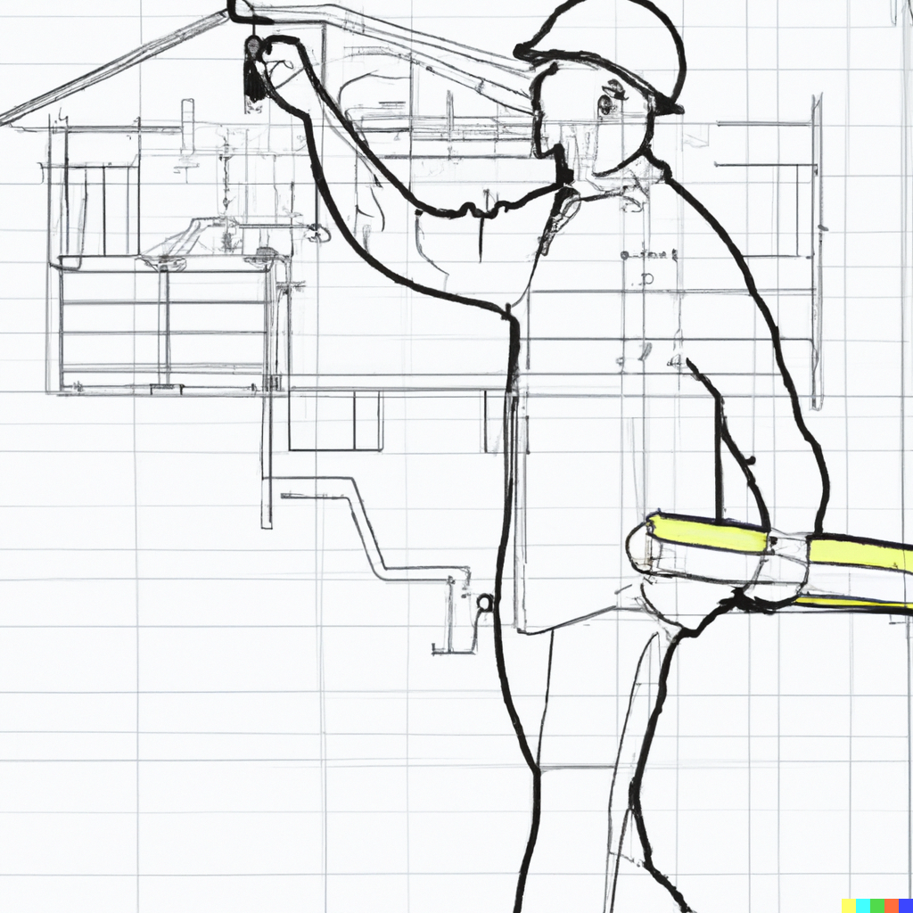 outline drawing of builders working on interior fit-out