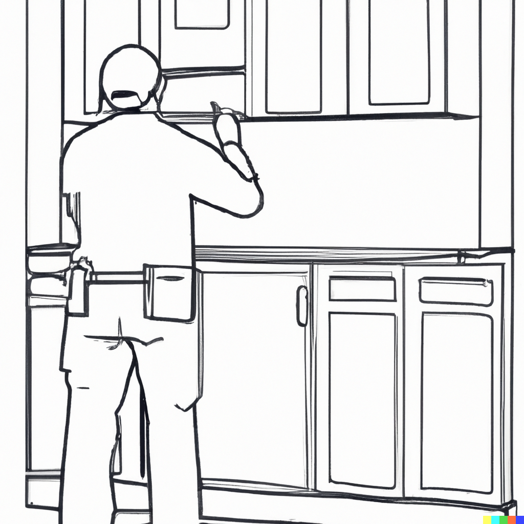 outline drawing of carpenter installing a fitted kitchen