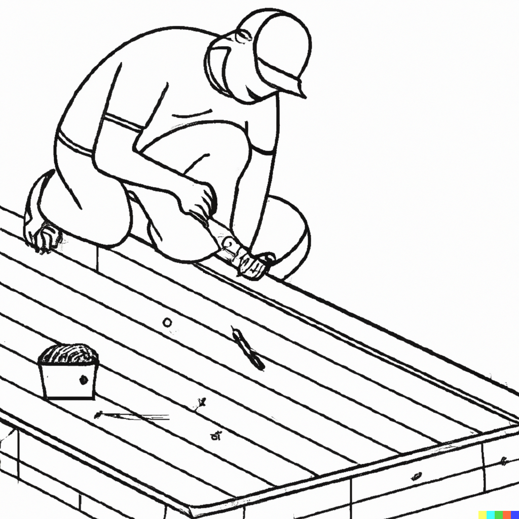 outline drawing of carpenter installing garden decking