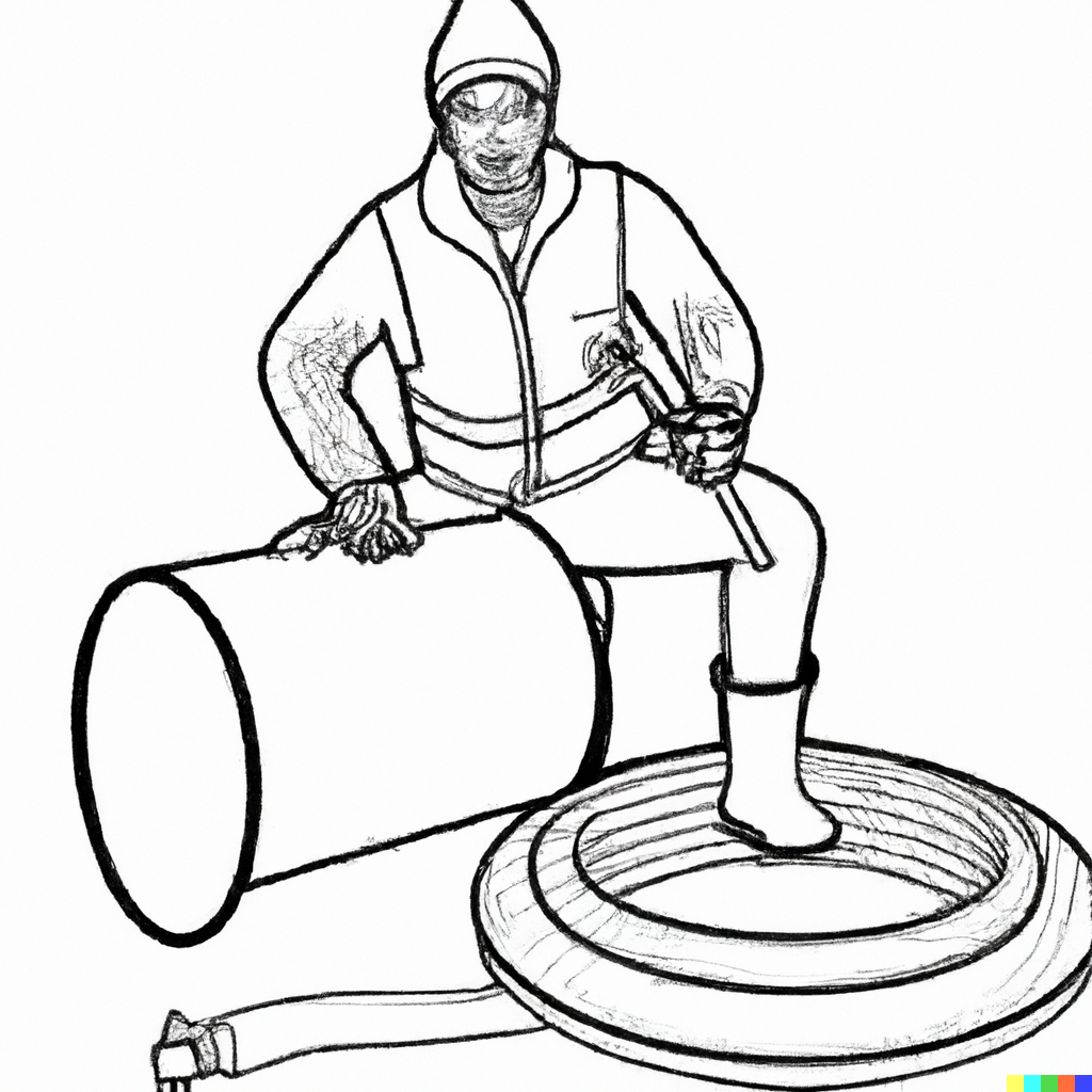 outline drawing of construction worker installing septic tank