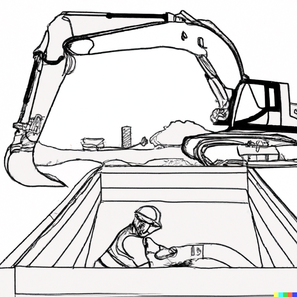 outline drawing of construction worker removing Underground storage tank with excavator