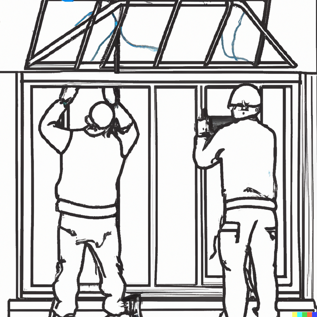 outline drawing of construction workers building a conservatory