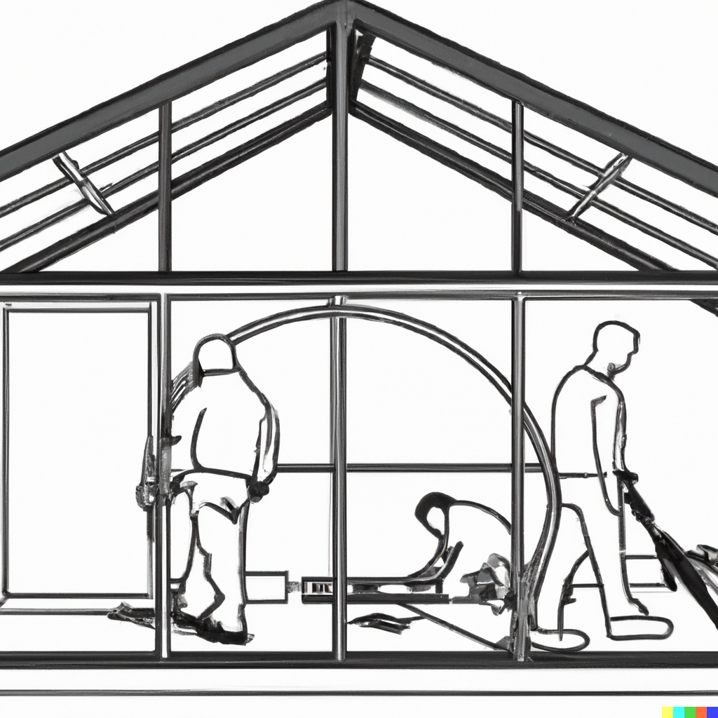 outline drawing of construction workers installing cellulose insulation