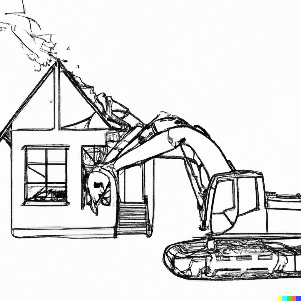 outline drawing of house getting demolished by excavator