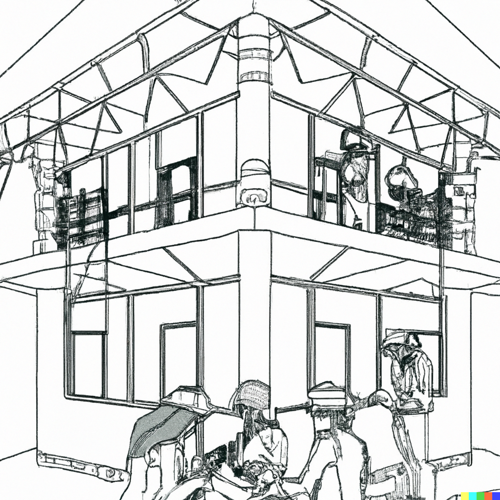 outline drawing of team of builders building a Multi-Storey house Extension