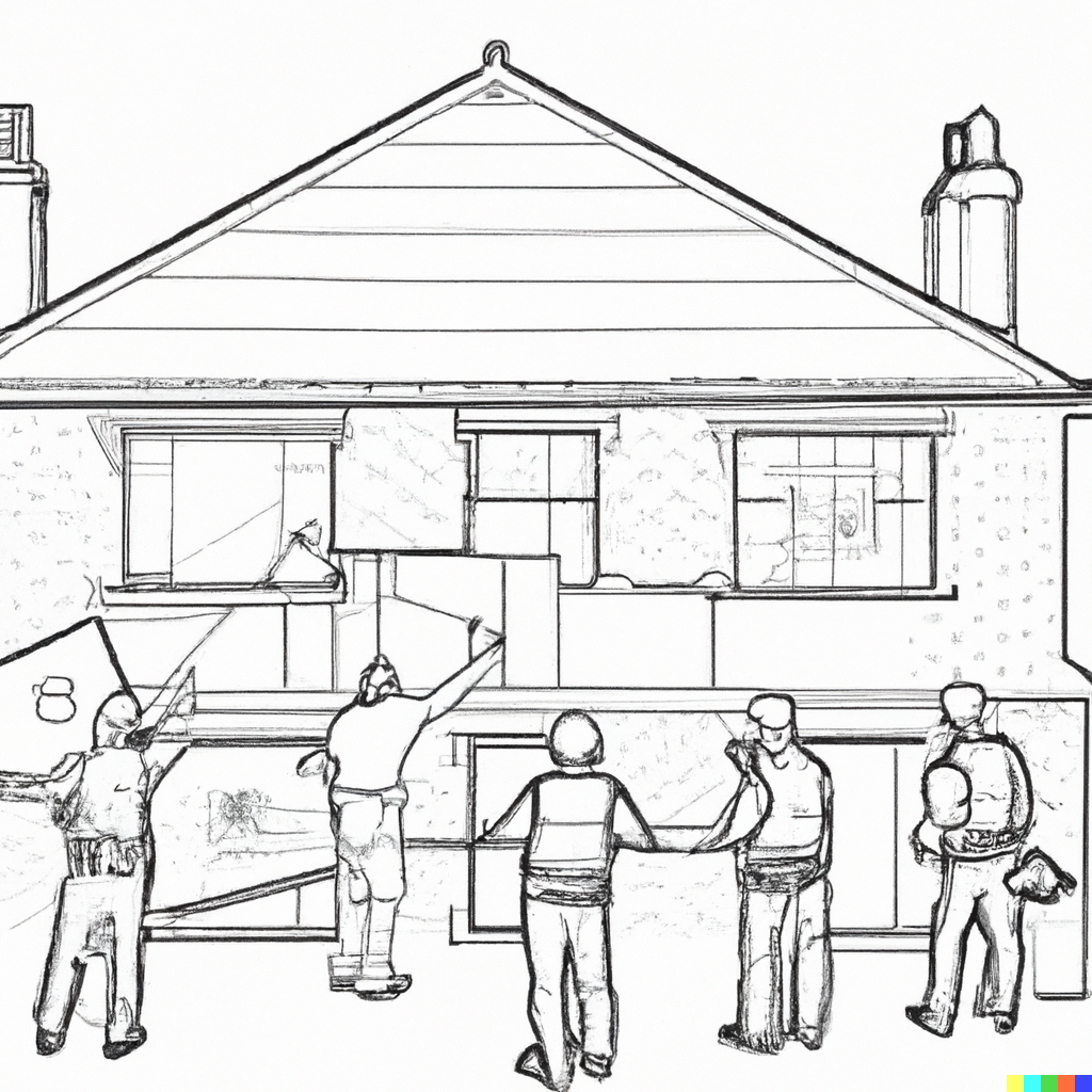 outline drawing of team of builders building a home extension