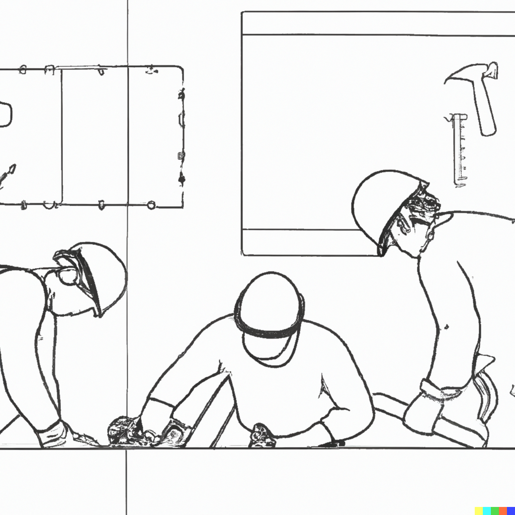 outline drawing of team of carpenters working