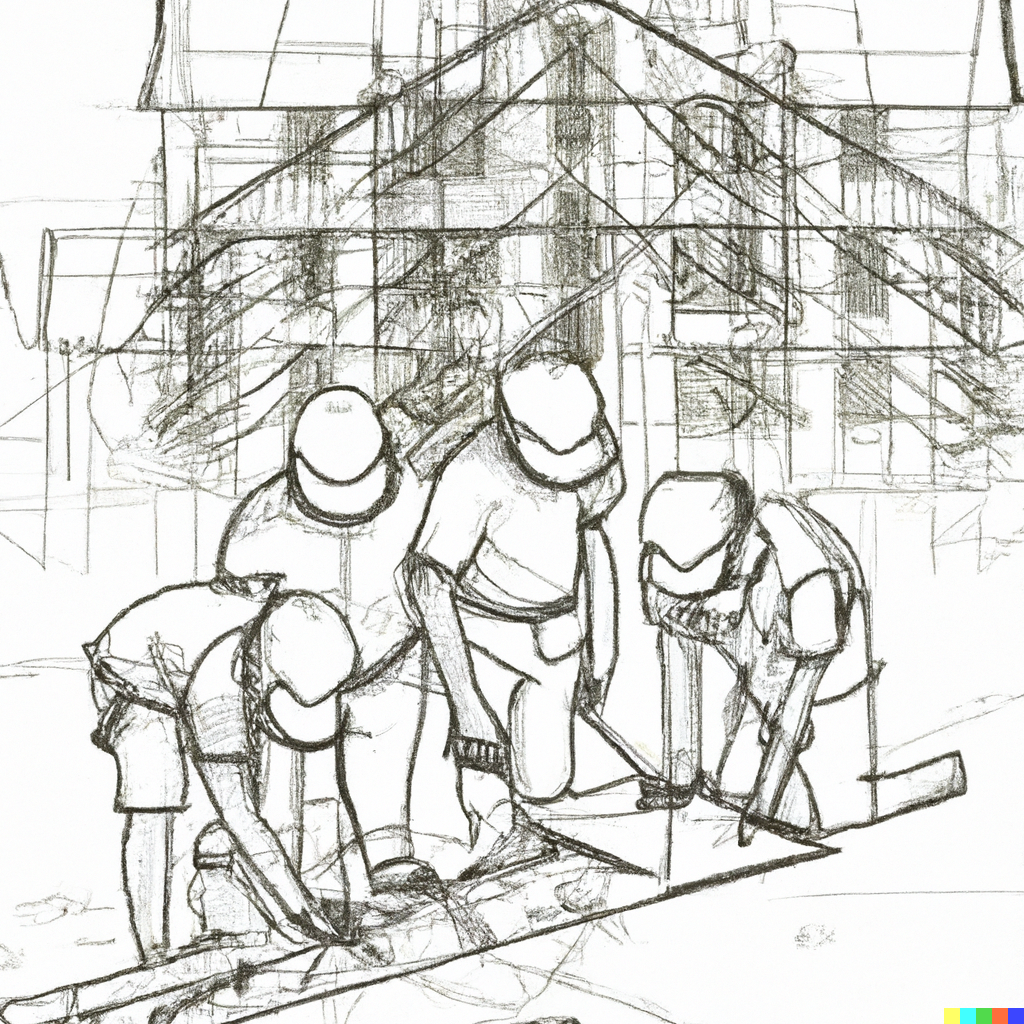 line drawing of builders working on project management