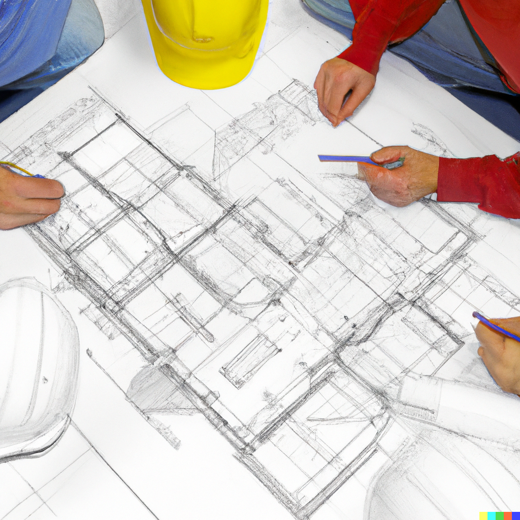 outline drawing of builders working on home renovation plan