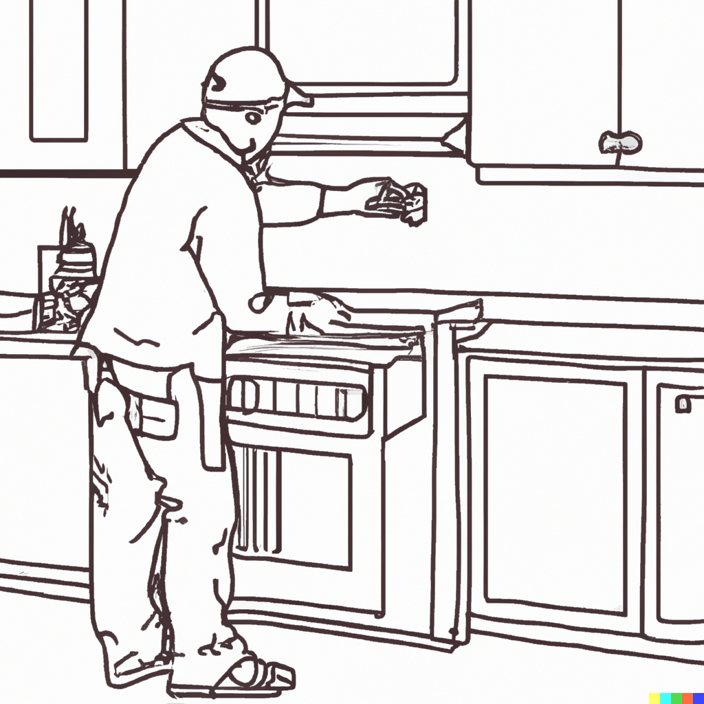 outline drawing of construction worker doing a kitchen remodeling