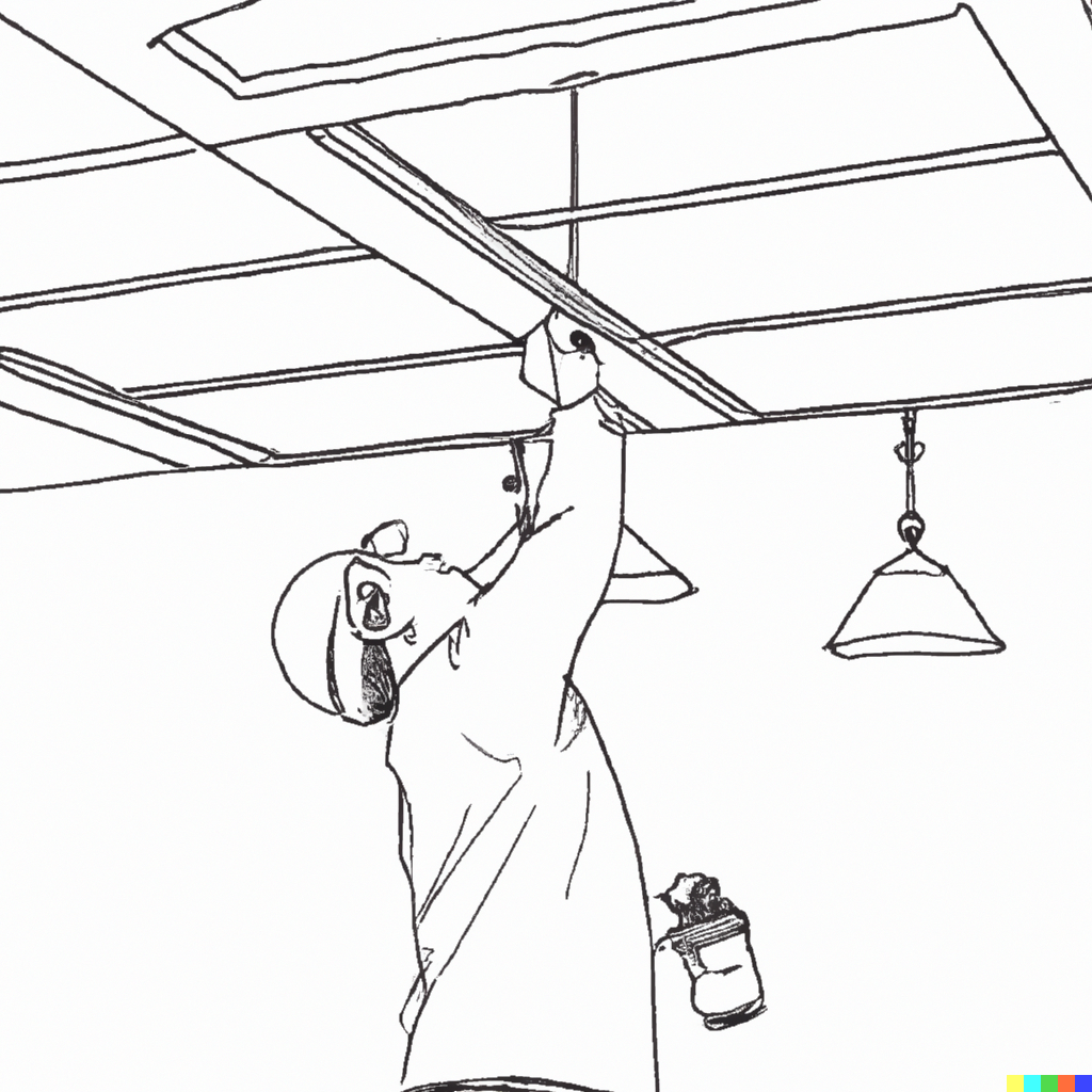 outline drawing of construction worker installing interior electrics and lighting