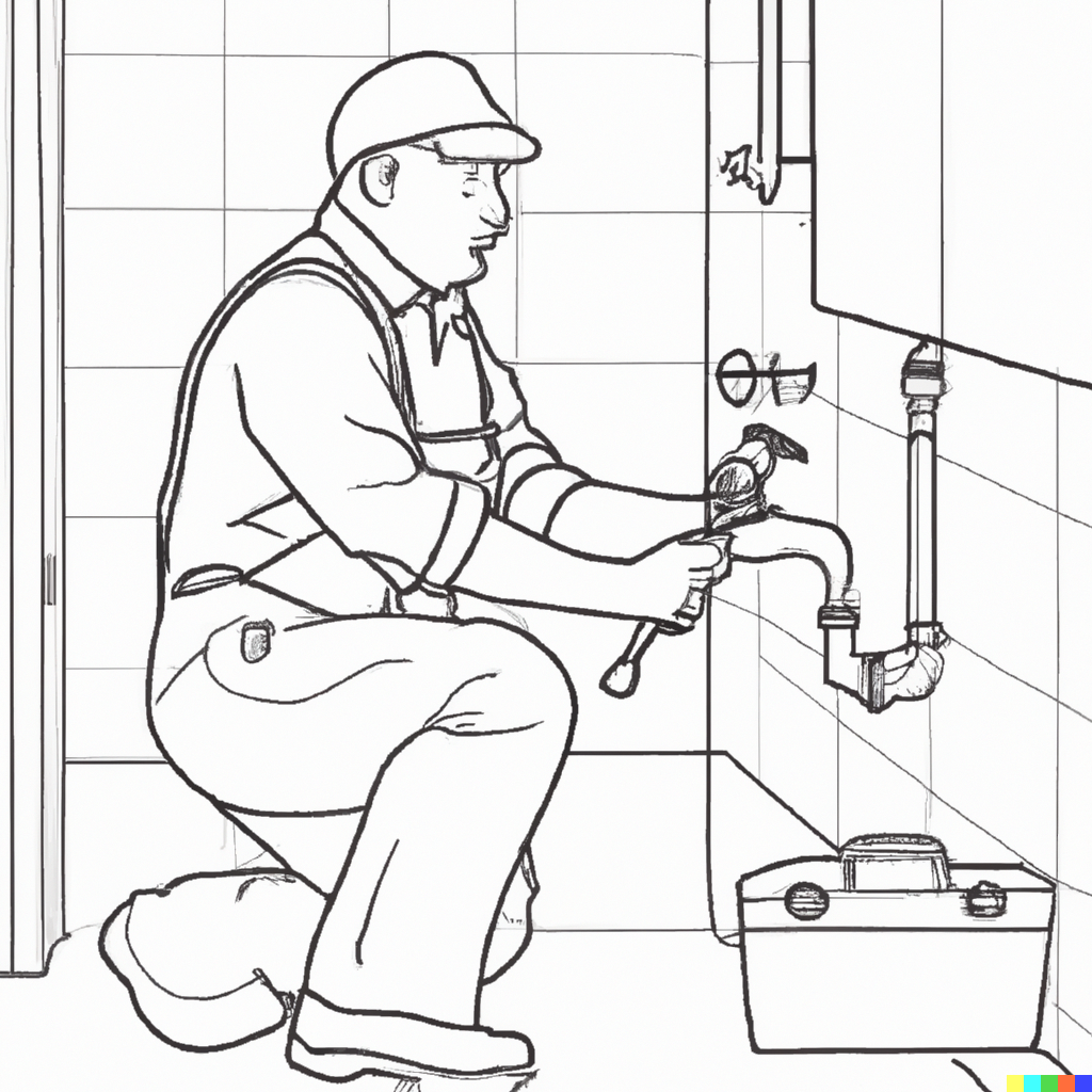 outline drawing of plumber fitting plumbing system in a home